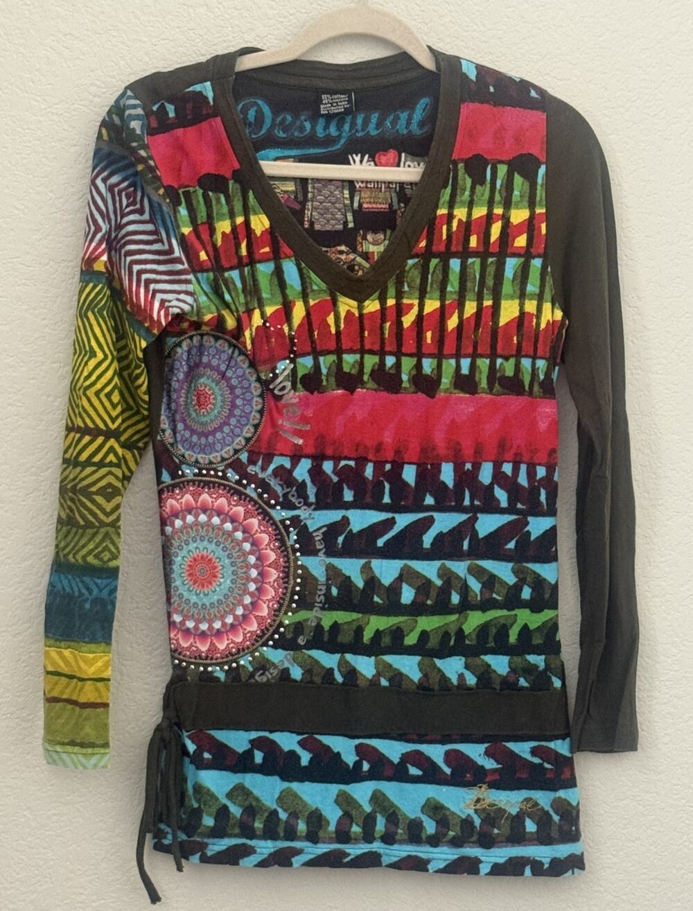 Desigual Womens M Tunic Top Multicolor Abstract Mandala Boho Y2K Long Sleeve